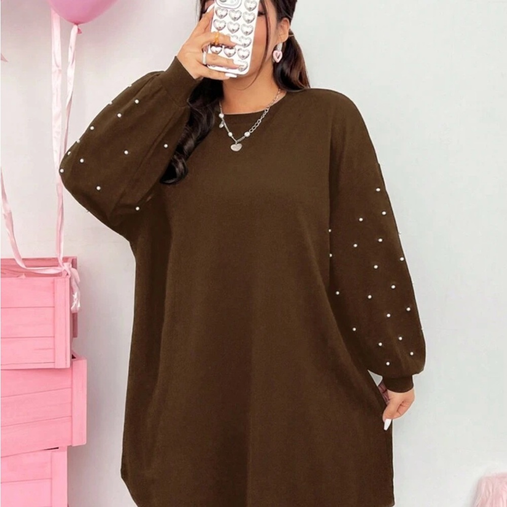 SHEIN Curve Brown Long Sleeve Dress with Pearl Details